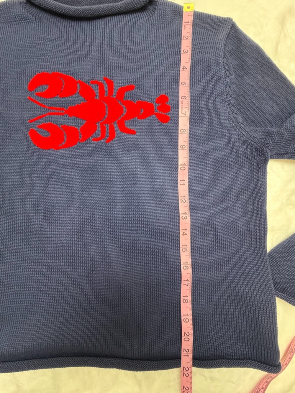 Navy Cotton Roll Neck Sweater Embroidered Red Lobster M/L Coastal Nautical - Picture 8 of 9